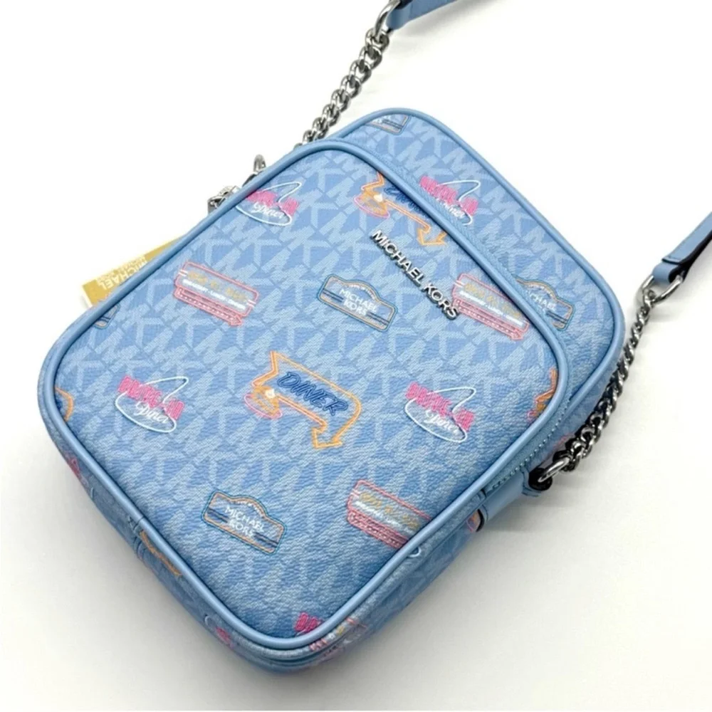 Michael Kors Jet Set Medium Printed Signature Logo Crossbody Bag Light Sky Blue